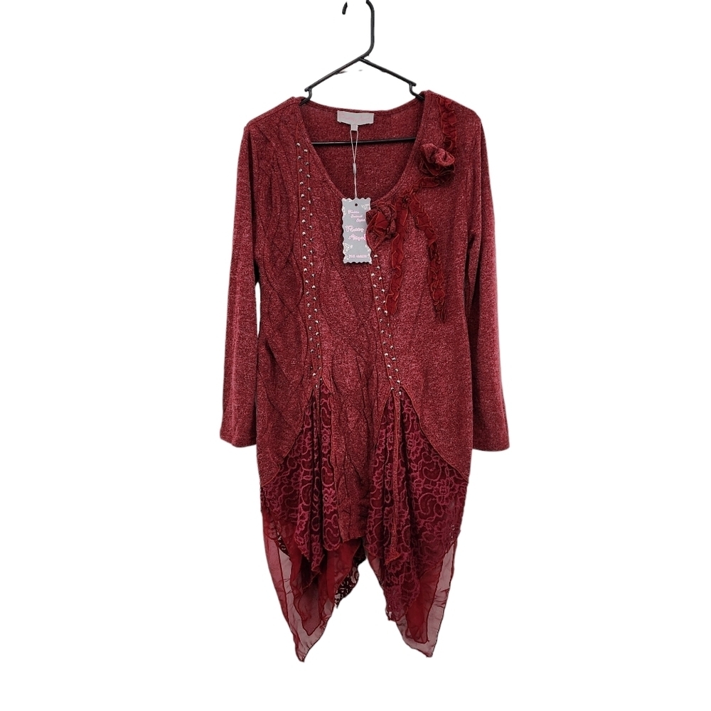 Pretty Angel Women's Assymetric Applique Linen Blend Tunic Fairycore Top - M